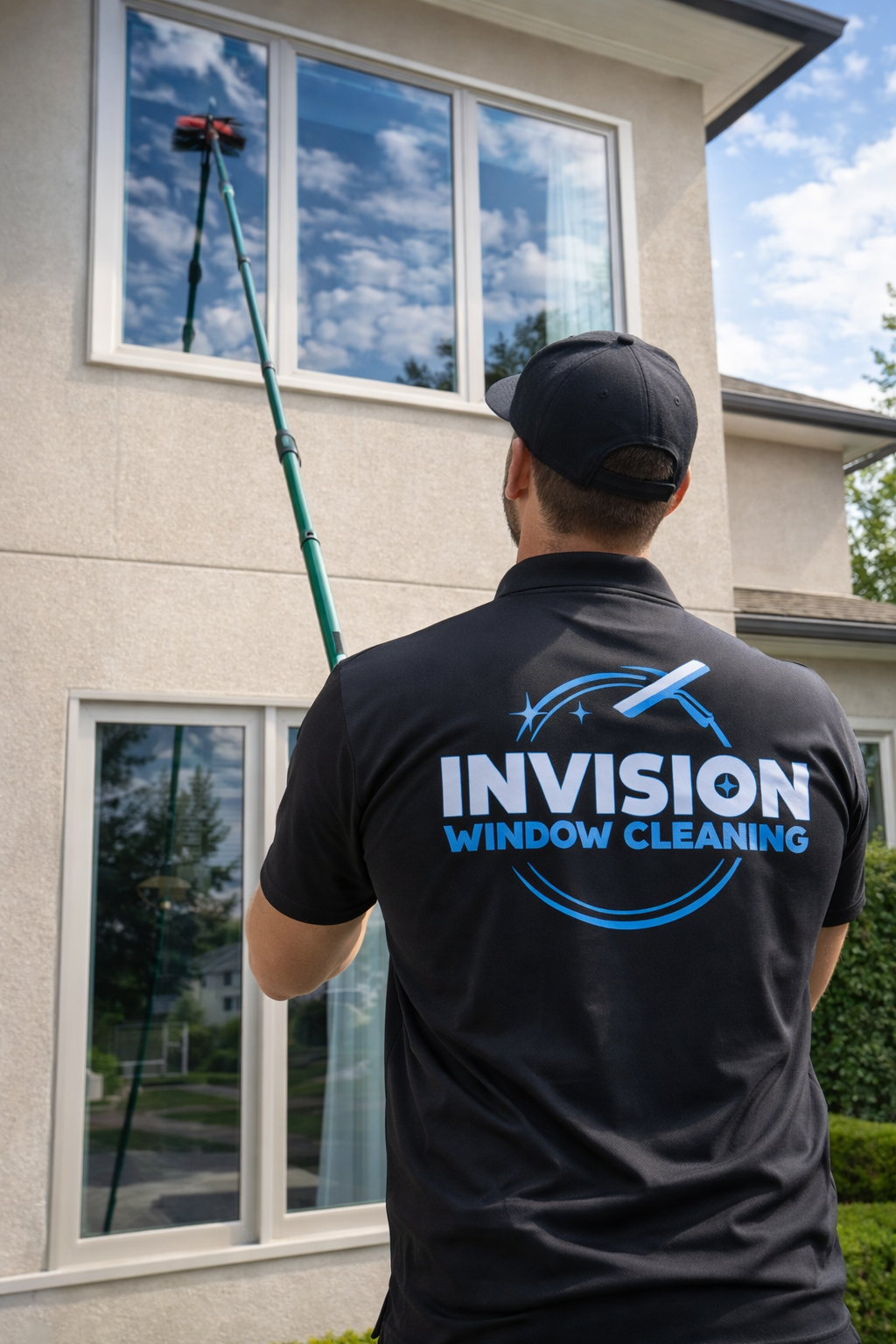 Water Fed pole window cleaning system in use on a two-story residential home by Invision window cleaning